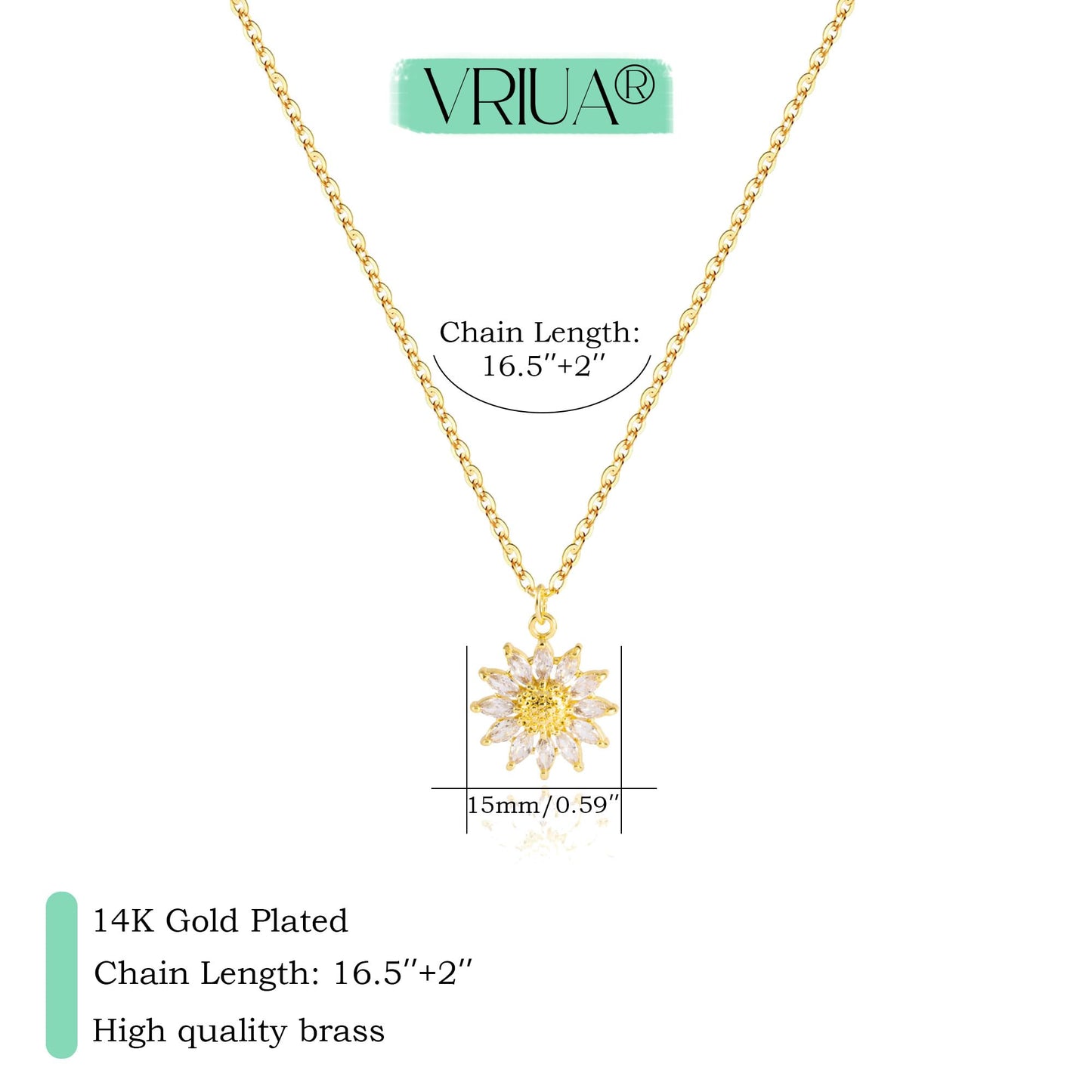 VRIUA Sun Necklace for Women 14k Gold Plated Sunflower Pendant Necklace Simple Cubic Zirconia Dainty Gold Sunflower Necklace Minimalist Jewelry