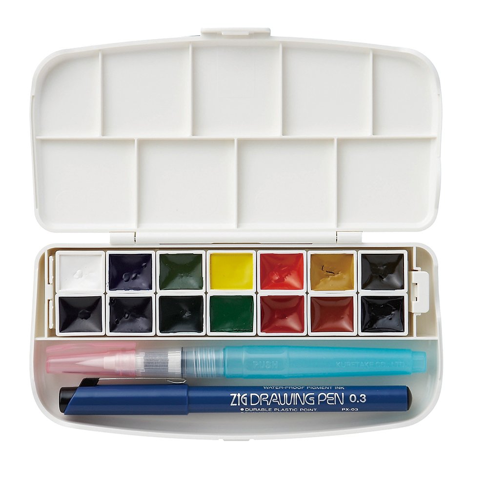Kuretake WATERCOLOUR TRANSPARENT 14 colors set with fineliner pen and water brush pen, Portable, In a compact box, Vibrant watercolors, For professional and hobbyist, AP-Certified, Made in Japan