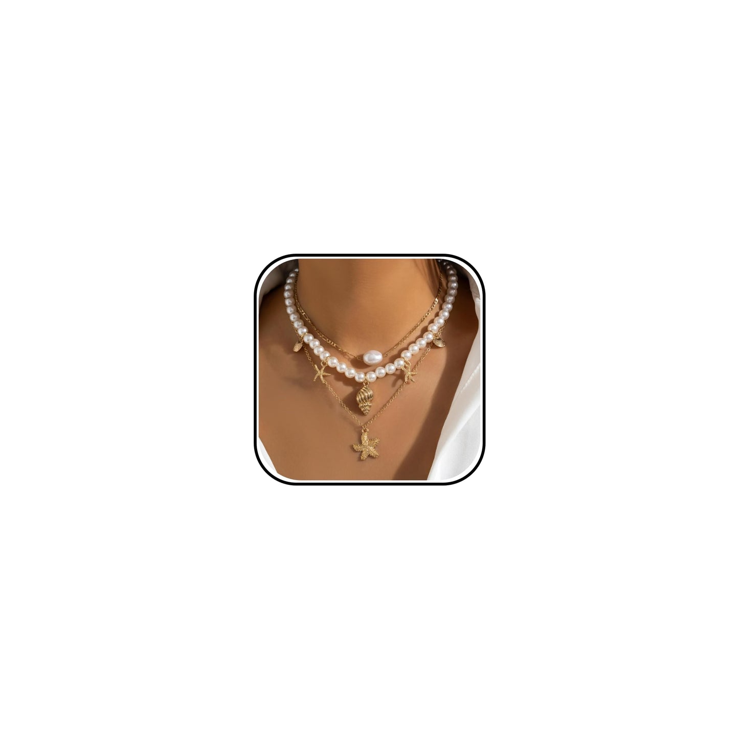 Shell Starfish Necklace for Women Gold Tone Layered Beach Jewelry Pearl Seashell Charm Adjustable Coastal Necklace for Summer Vacation Outfits Gifts