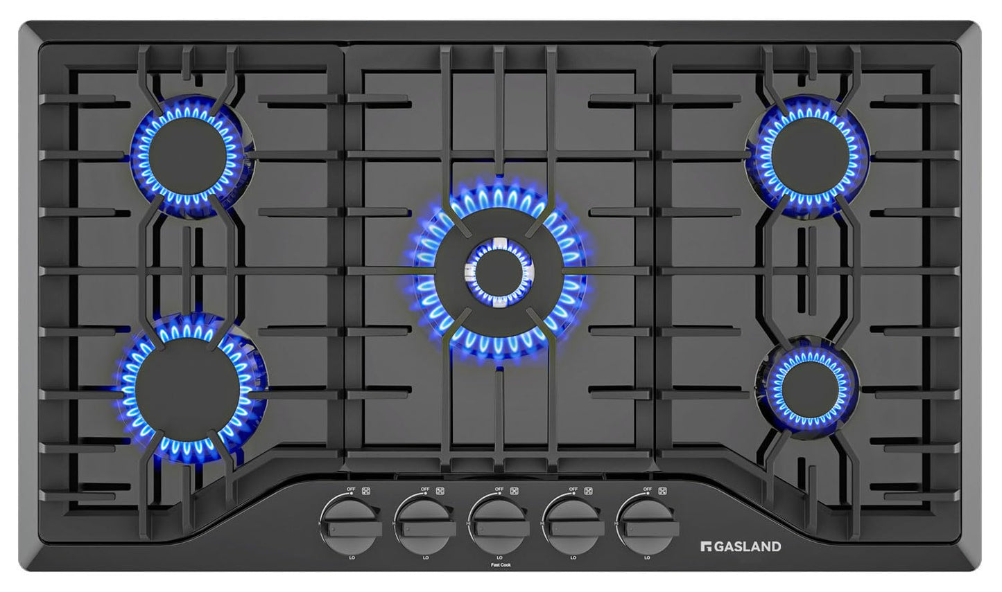 GASLAND 36 Inch Gas Cooktop 5 Italy Sabaf Burner, PRO GH2365EF, Built-in NG/LPG Convertible Stovetops, Gas Countertop Plug-in with Thermocouple Protection, CSA Certified, Black