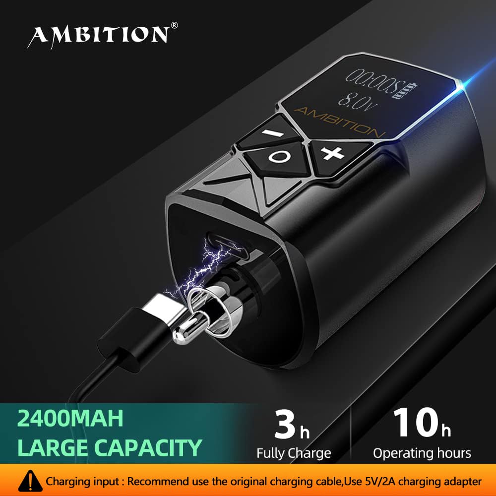 Ambition Torped Tattoo Kit - Rotary Tattoo Machine Kit with 2400mAh Power Supply Brushless Motor Tattoo Gun Kit 40pcs Mixed Size Glory Tattoo Cartridge Needles Gloves for Professional Tattoo Artist