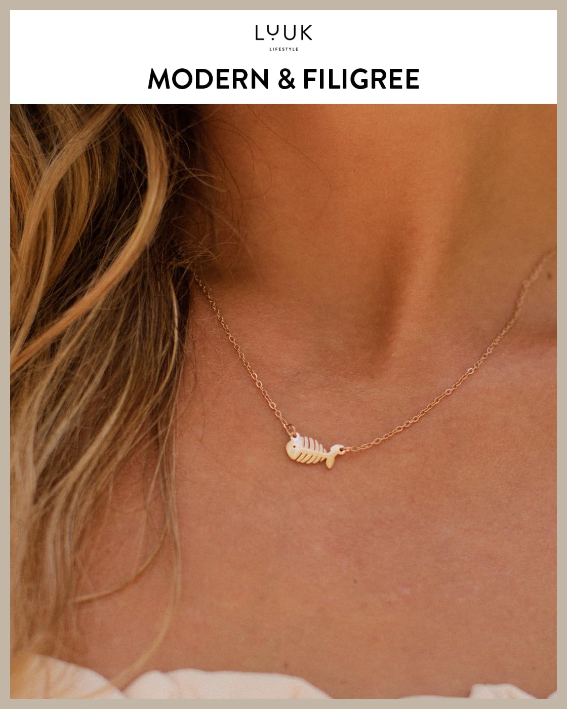 LUUK LIFESTYLE Waterproof Fishbone|Fish pendant necklace, 19in adjustable sturdy chain, tarnish-free, Gift for sister friend daughter, dainty, trendy, aesthetic, simple (HAPPINESS Gift Card)