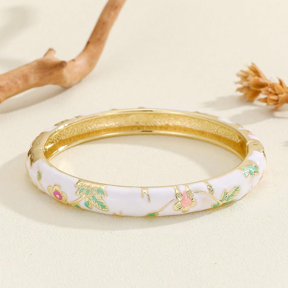 Cloisonne Bracelet For Women, Chunky Bangle Trendy Cute Flower Enamel Bangles Multi Tone Engraved Cuff Gold Plated Bracelets Stackable Wife Jewelry Friendship Gift (Light Blue, One Size)