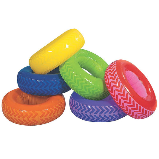 Fun Express Inflatable Obstacle Course Tires for Kids PE Equipment - 6 Colorful Vinyl Tires Set for Indoor Outdoor Games | Perfect for Ages 3-12 Backyard Field Day Activities