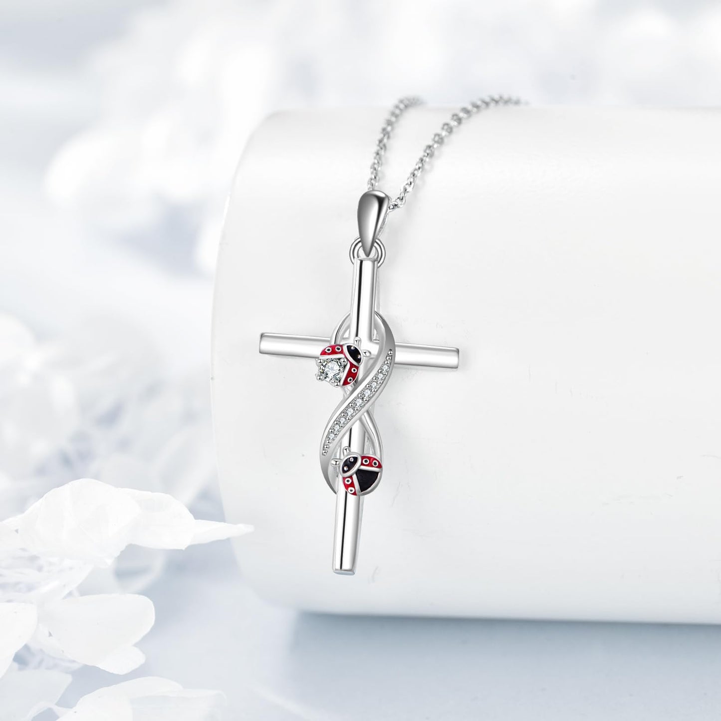 POPLYKE Cross Ladybug Necklace 925 Sterling Cross Pendant Necklace Ladybug Jewelry for Women