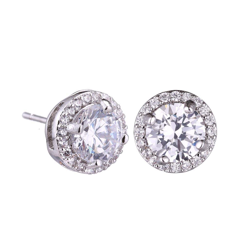 AMYJANE Crystal Jewelry Set Bride Bridesmaid- Sterling Silver Round Cubic Zirconia Crystal cz Bridal Pendant Necklace Earrings Set for Women Party Prom