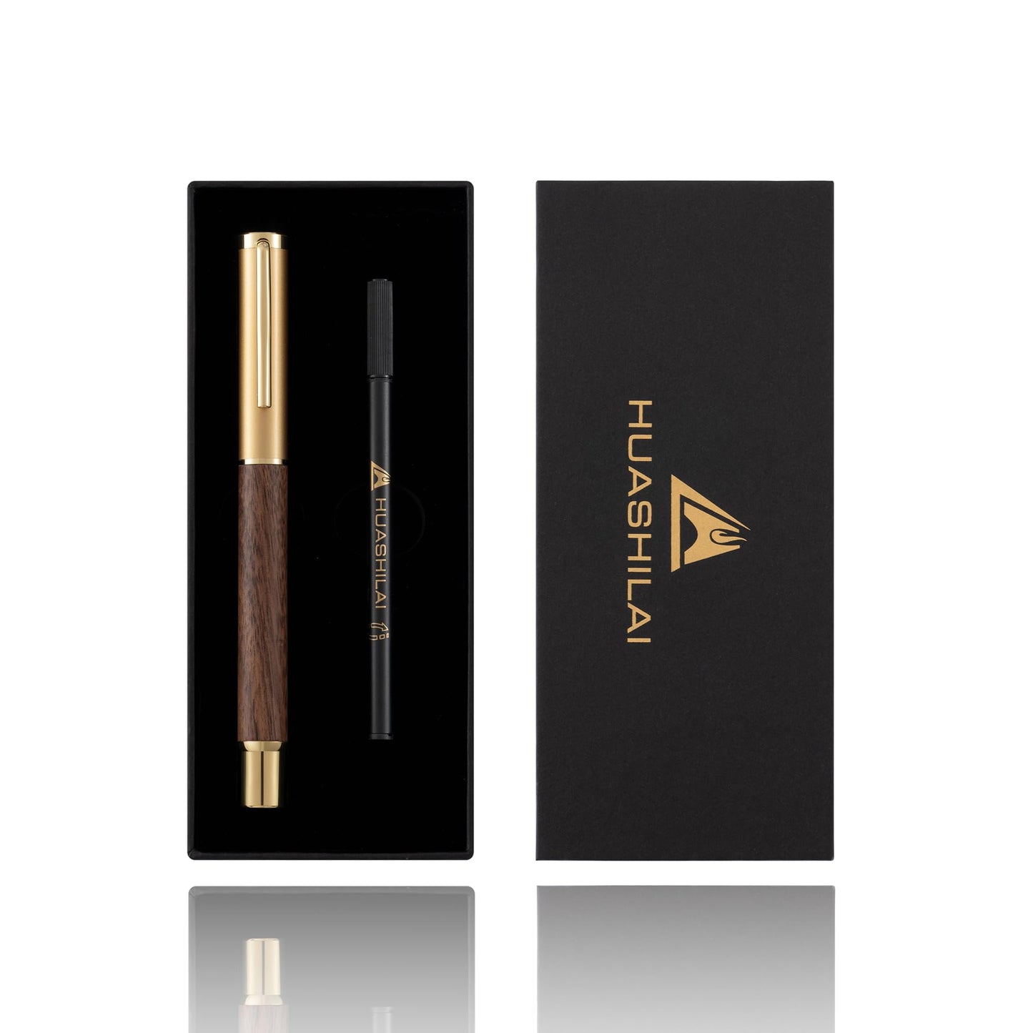 HUASHILAI Luxury Wooden and Metal Rollerball Pen Set with Spare Gel Ink Refill,Rosewood,White Oak,Walnut Wood Signature Roller Ball Pen,Business Gift Set for Men and Women (Walnut Wood)