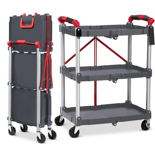3-Tier Holds Foldable Utility Carts, Collapsible Service Rolling Carts with Wheels， for Home, Office, Garage, and Warehouse，No Installation Required