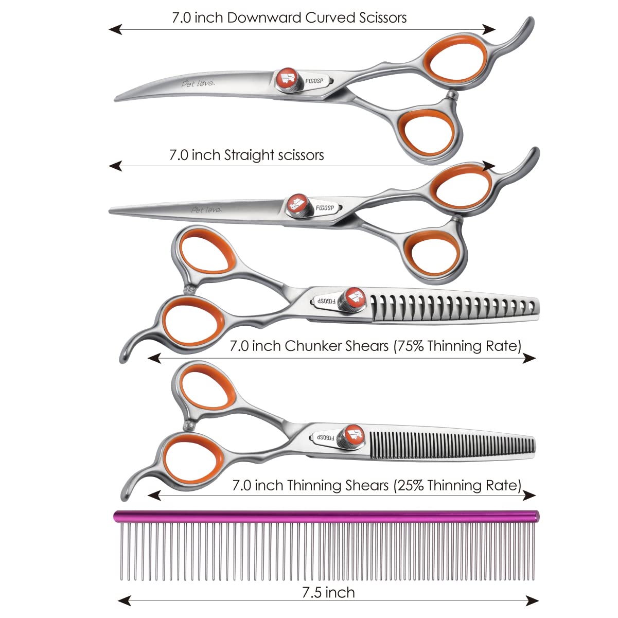 FOGOSP Professional Dog Grooming Scissors Kit Japan 440C Stainless Steel 7 in Curved Thinning Straight Chunker Shears and Comb 5pcs Set for Grooming Dogs Cat Pet