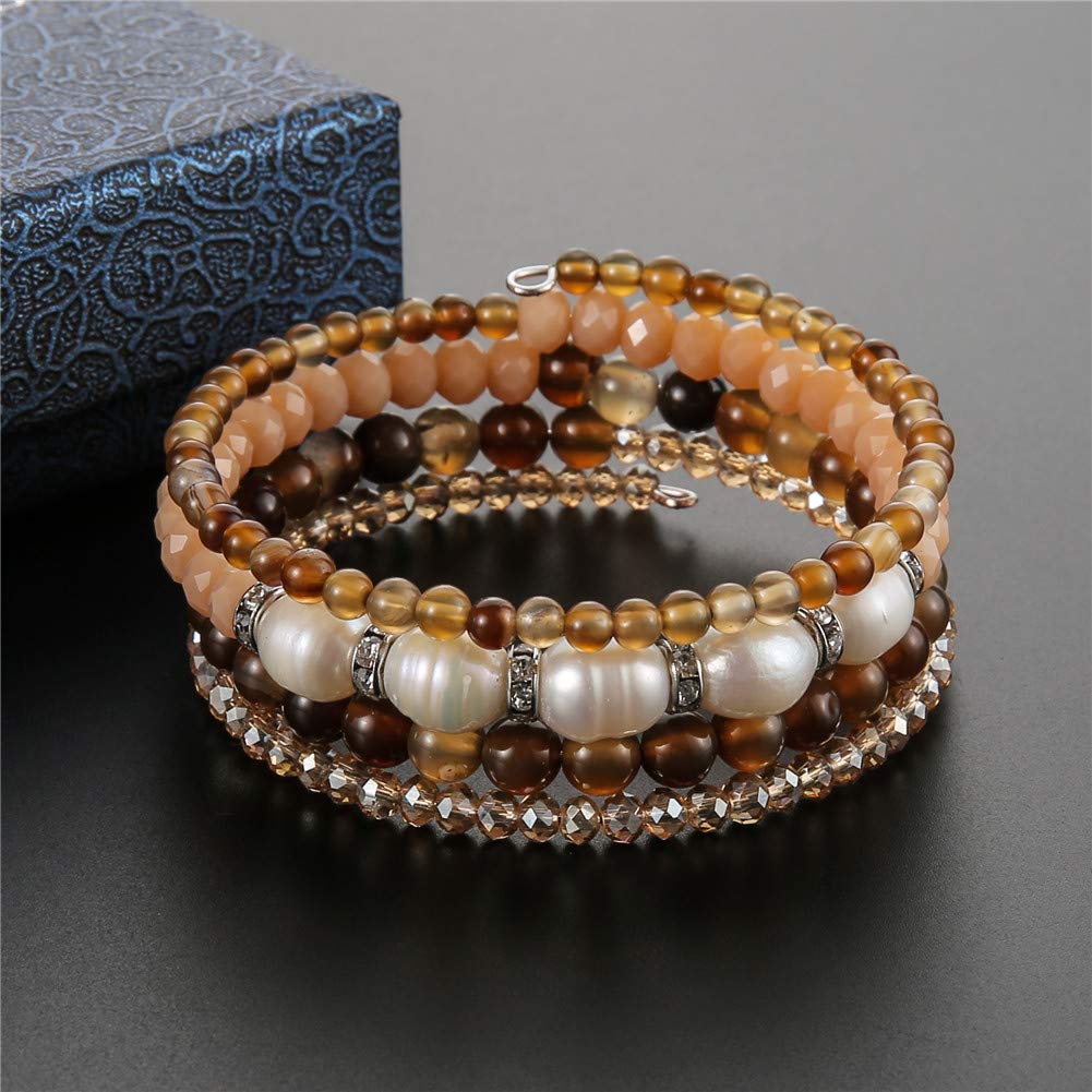 Beaded Freshwater Pearl Chakra Bracelet - Multi Strand Wrap Bracelet with Natural Crystal Agate Beads, Birthday Gifts for Women(29-Brown)