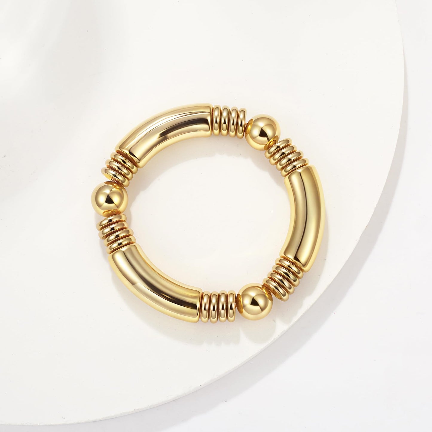 14K Gold Plated Bangles Bracelet for Women Chunky Curved Stacking Plated Bead Ball Stretchable Bracelets （1PCS)
