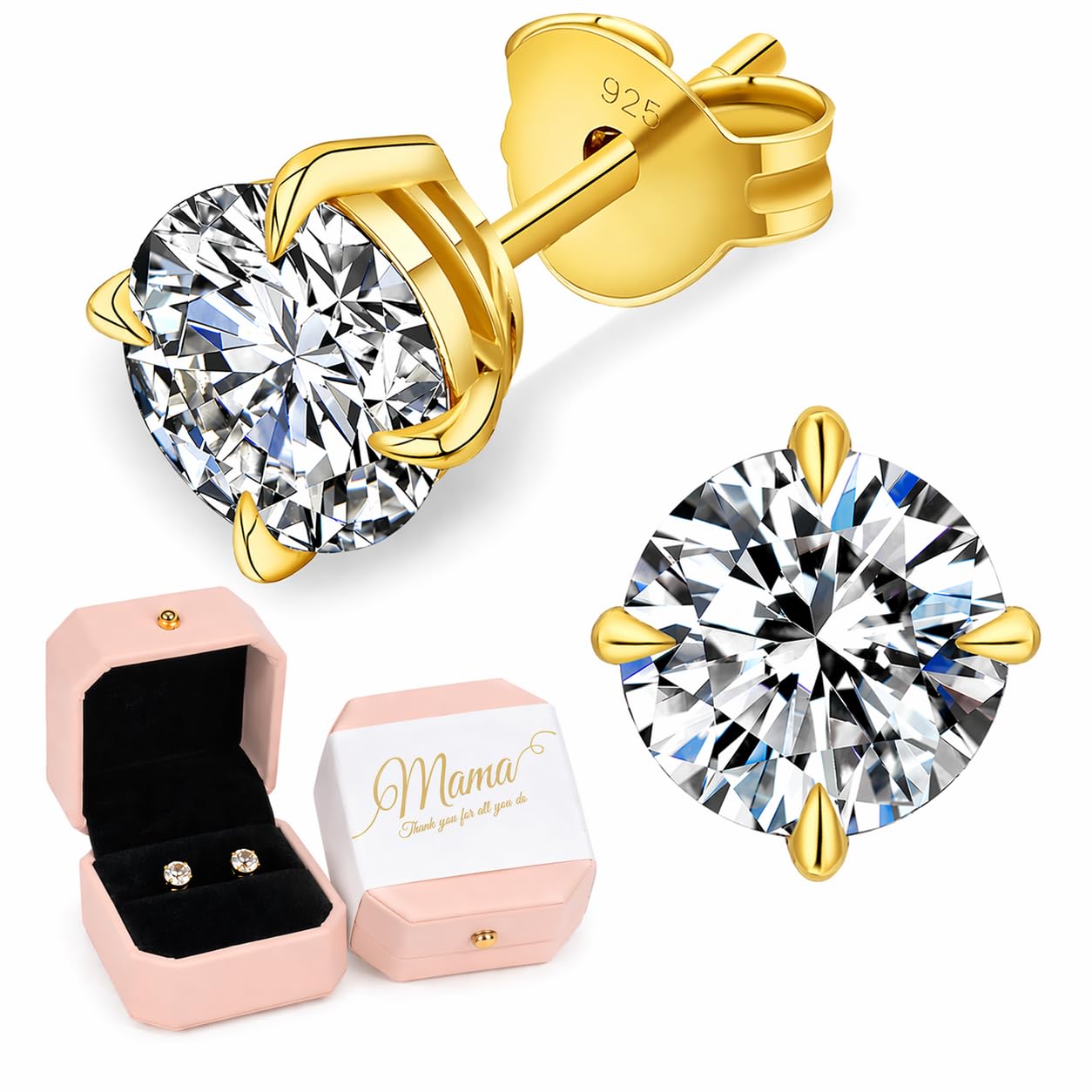 KRKC 0.6-3ct Moissanite Stud Earrings, D Color VVS1 Clarity, Lab Created Diamond Stud Earring for Women, 14K Golden Plated S925 Sterling Silver Earrings Friction Back for Women, Hypoallergenic,Mothers Day Gift Box