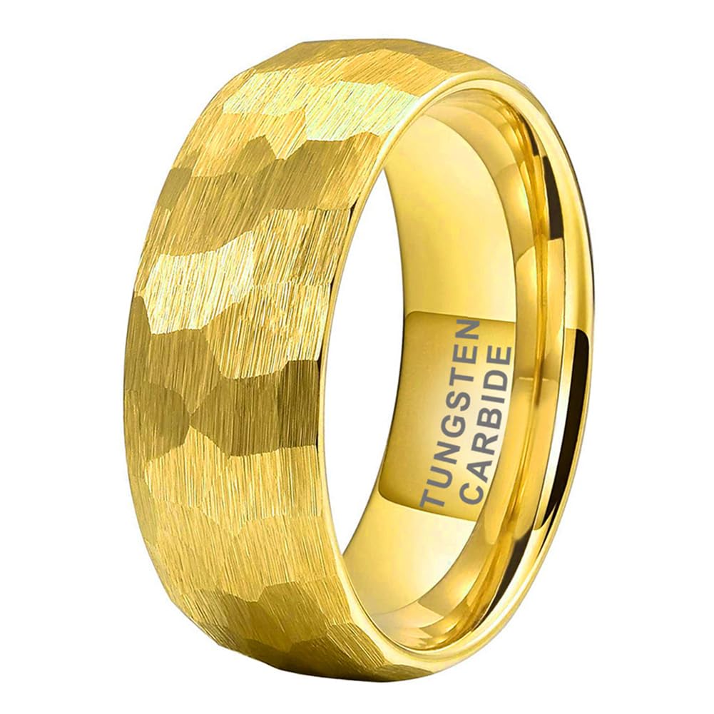 TUTISS 8mm Gold Hammered Tungsten Rings for Men Women Engagement Wedding Bands Domed Matte Finish Comfort Fit Size 6