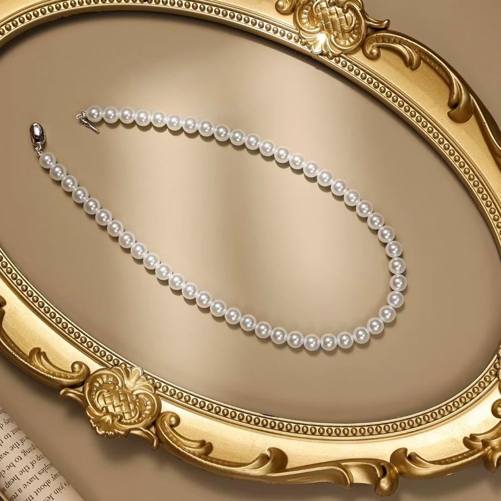 PearlLives Pearl Necklace For Women 8MM Dainty White Round Simulated Pearls Choker Necklace Strand