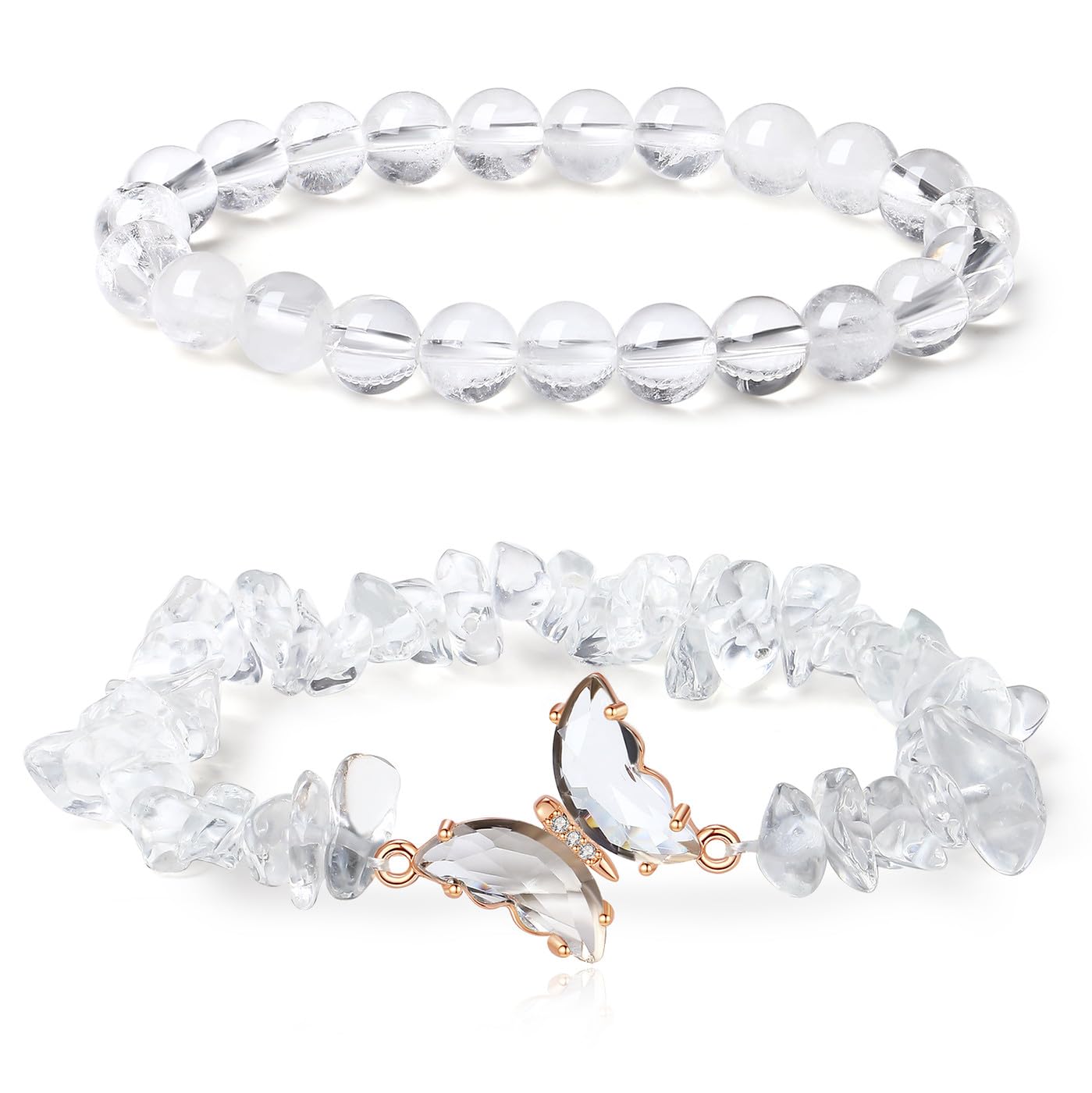 DUQGUHO 2Pcs Clear Quartz Bracelets for Women Butterfly Bracelets for Women White Crystal Bracelets Gemstone Bead Jewelry Cute Butterfly Charm Bracelet 8mm Crystal Beaded Jewelry Gifts for Women