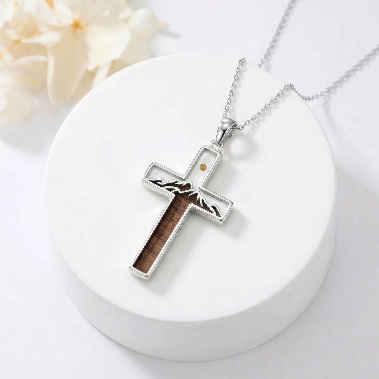 Suiknsn Mustard Seed Necklace 925 Sterling Silver Wooden Cross Necklace Cross Mountain Pendant Religious Christian Jewelry Hiking Gifts for Women Mom