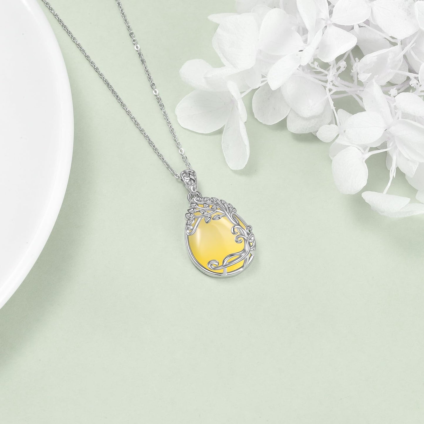 YAFEINI 925 Sterling Silver Yellow Agate Necklace Tree of Life Teardrop Pendant Necklace Jewelry for Women (LL-Tree of Life Yellow Agate Necklace)