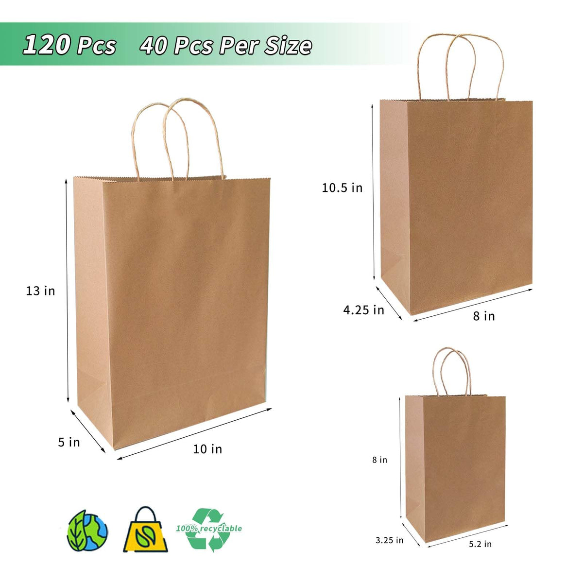 vanhel 120 pack Kraft Paper bags with Handles,Assorted Sizes Gift Bags Bulk Kraft Paper Bags, Weeding,Birthday, Favor,Party,Retail Merchandise Bags…, Brown