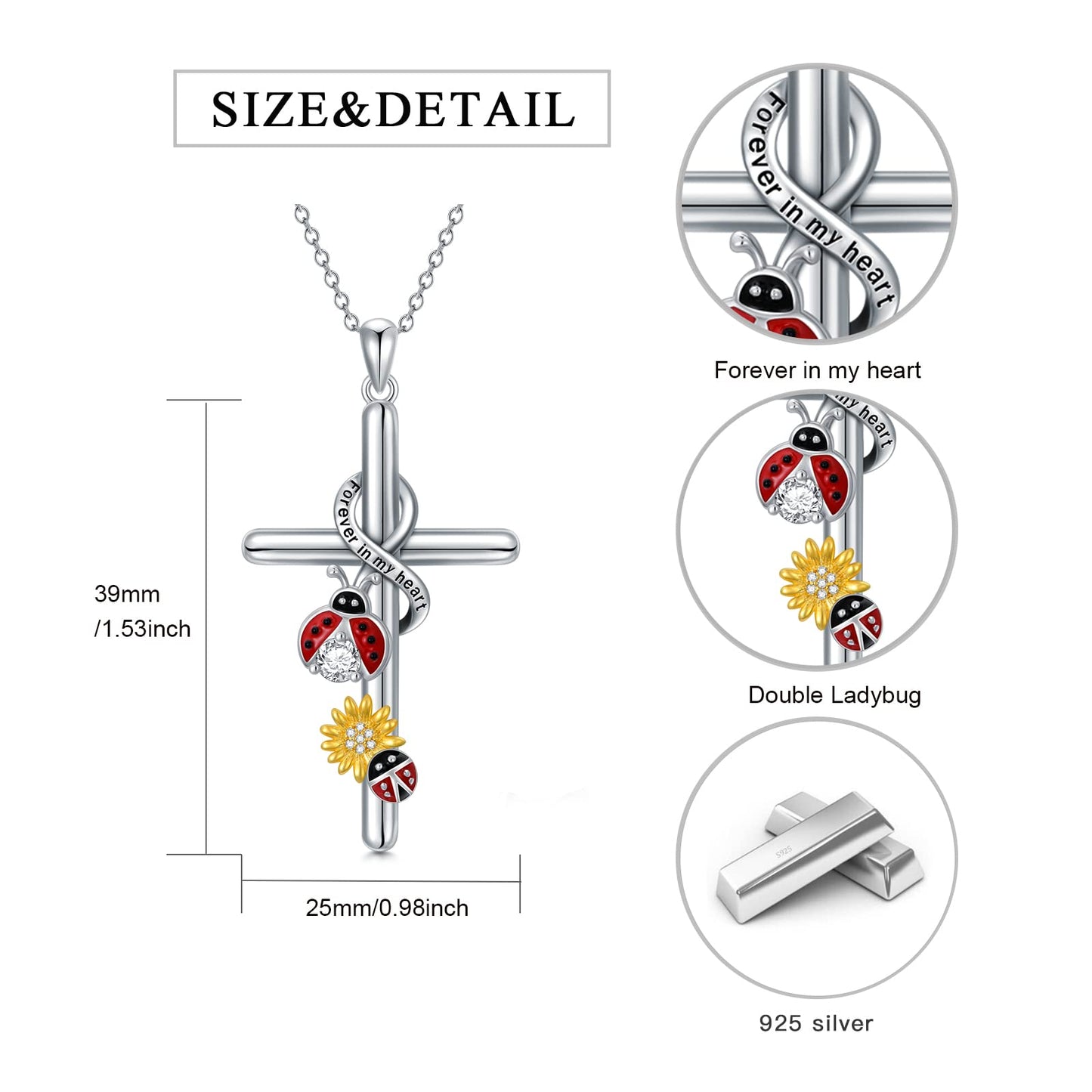 Flpruy Ladybug Necklace for Women 925 Sterling Silver Ladybug Cross Pendant Jewelry Gifts for Mother Grandma