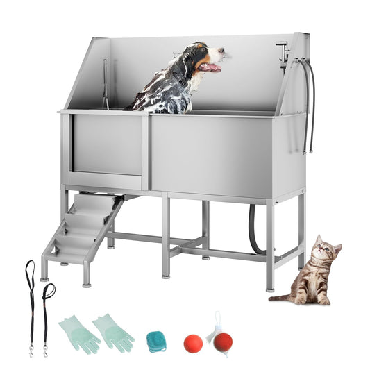 62" Professional Stainless Steel Dog Bathing Station, Large Dog Washing Station W/Dog Bath Brush, Washing Gloves, Floor Grate, Dog and Cat Bath Tub, Dog Washing Sink (62 Inch Left Door)