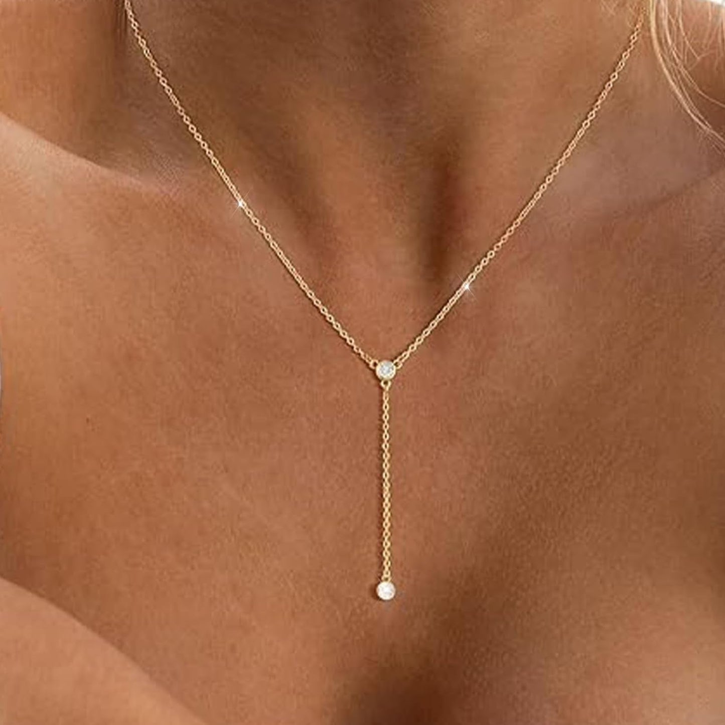 Airmb Lariat Gold Necklace for Women, Dainty Long Necklace Gold Y-Shaped Pendant Necklaces Trendy Chain CZ Drop Necklaces Jewelry for Women Gifts