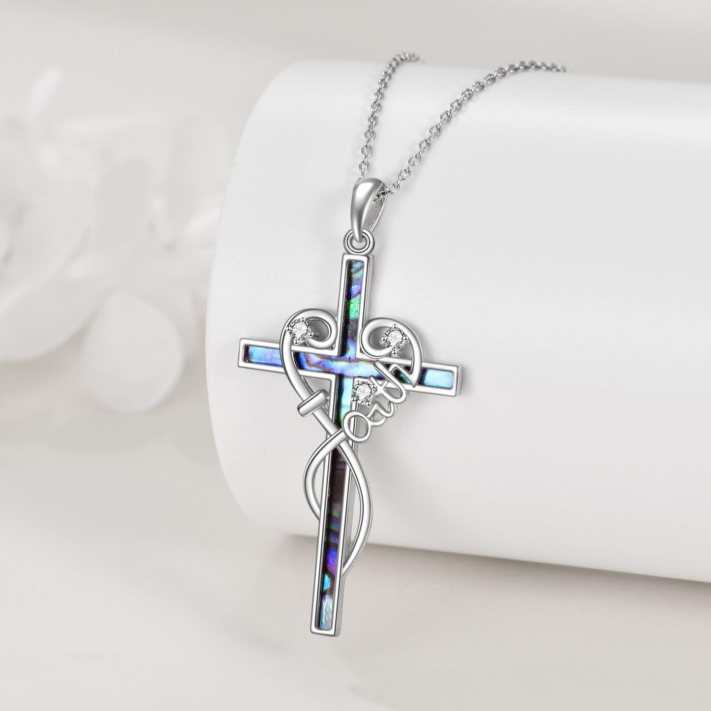LUHE Faith Cross Necklace for Women Sterling Silver Faith Cross Pendant Necklace with Abalone Christian Jewelry Gift for Her