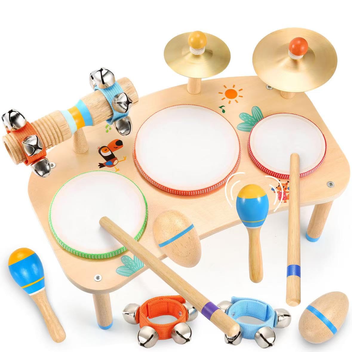 WINGYZ 11-in-1 Toddler Drum Set-Wooden Baby Musical Instruments & Montessori Musical Toys for Toddlers 1-3, Music Table with Bongo Drums, Cymbals, Maracas & Wrist Bells for Early Rhythm Play