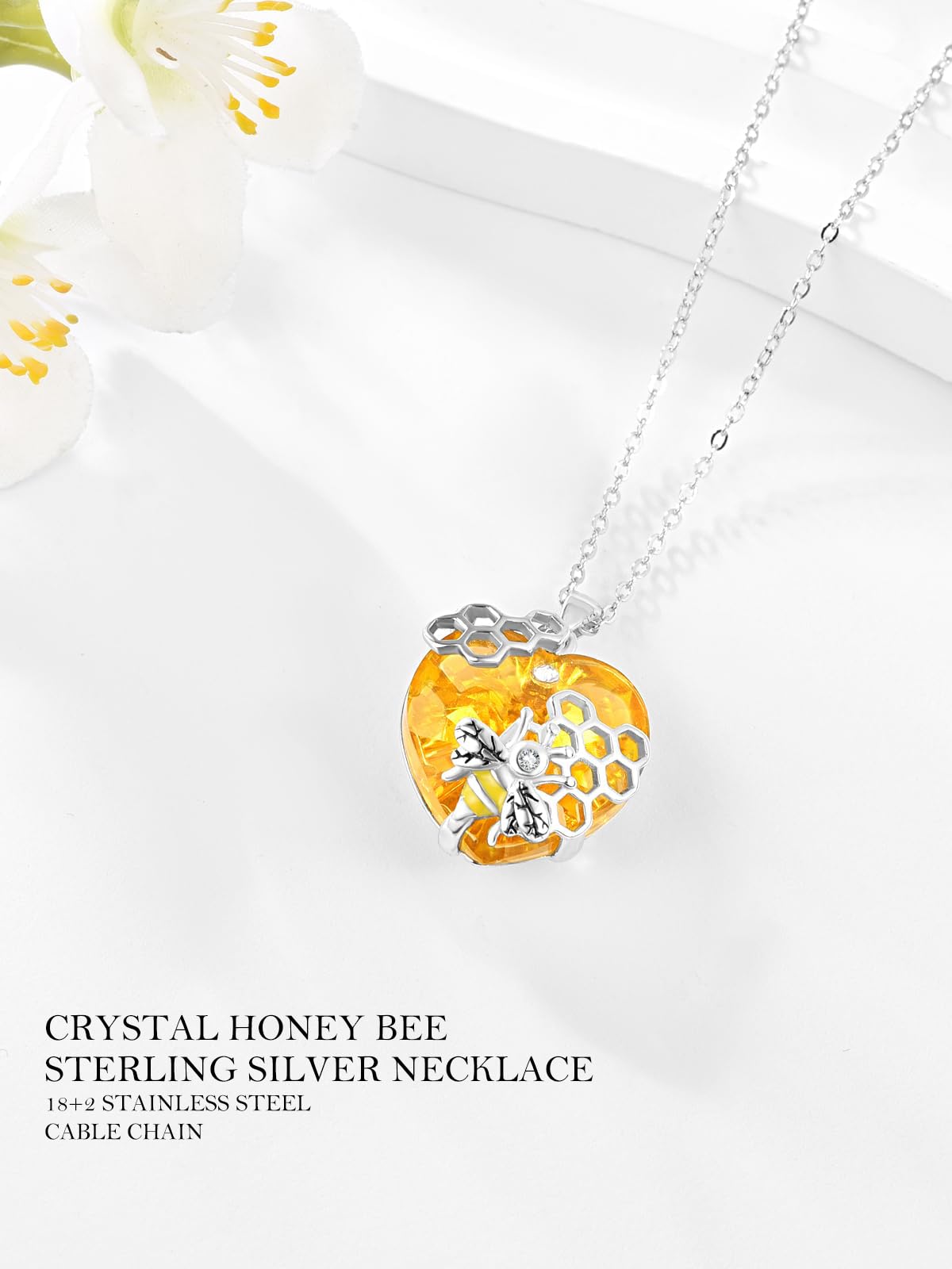 AENEAS Valentines Day Gifts for Women Her Bee Necklace 925 Sterling Silver Honey Bee Pendant Necklace with Love Heart Citrine Crystal Jewelry Gifts for Birthday Christmas Anniversary