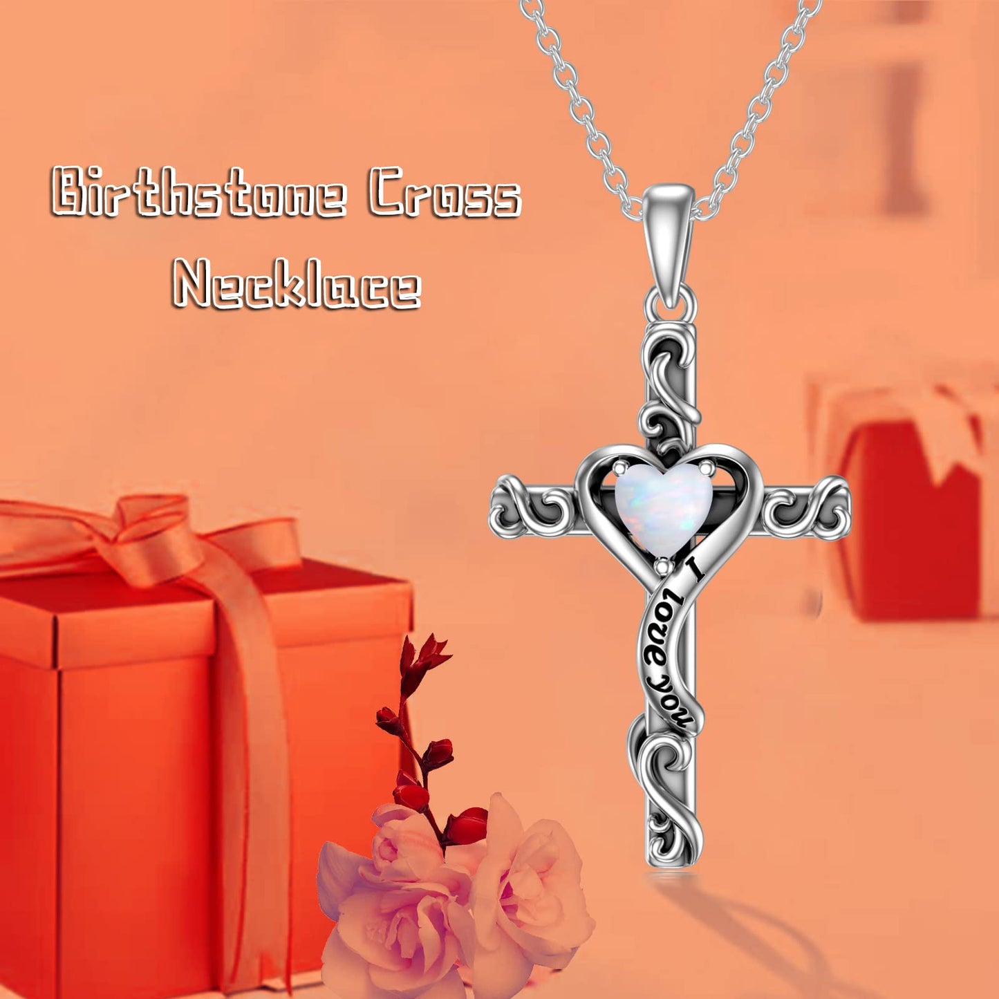 TOUPOP 925 Sterling Silver Cross Pendant Necklace with October Birthstone Opal Necklace Religious Jewelry Gifts for Women Teen Girls Mom, I Love You Gifts for Her, Sterling Silver, No Gemstone
