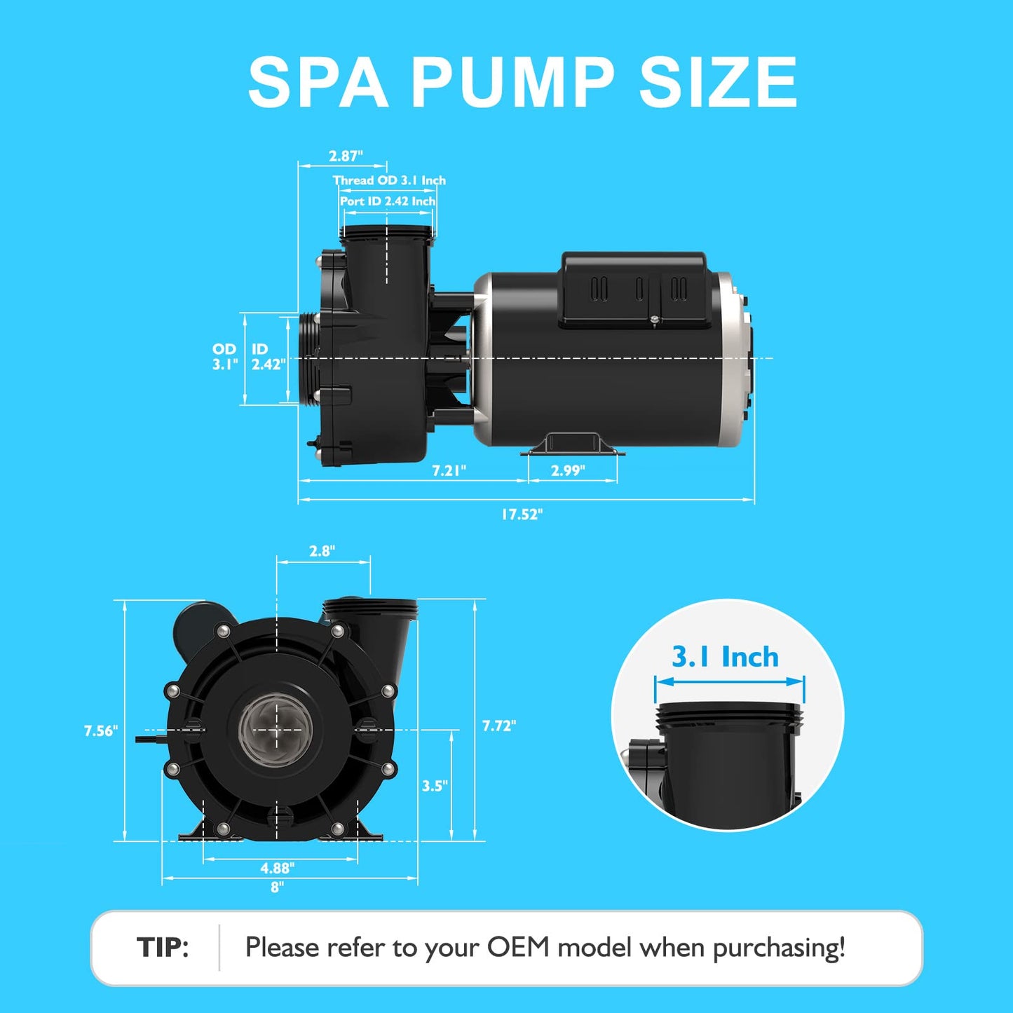 LINGXIAO SPA Pump, 2.5HP Hot Tub Pump - 48 Frame(Y) LX SPA Motor 2 Speed, 230V, 2" Port - (Model: 48WUA1502C-II)