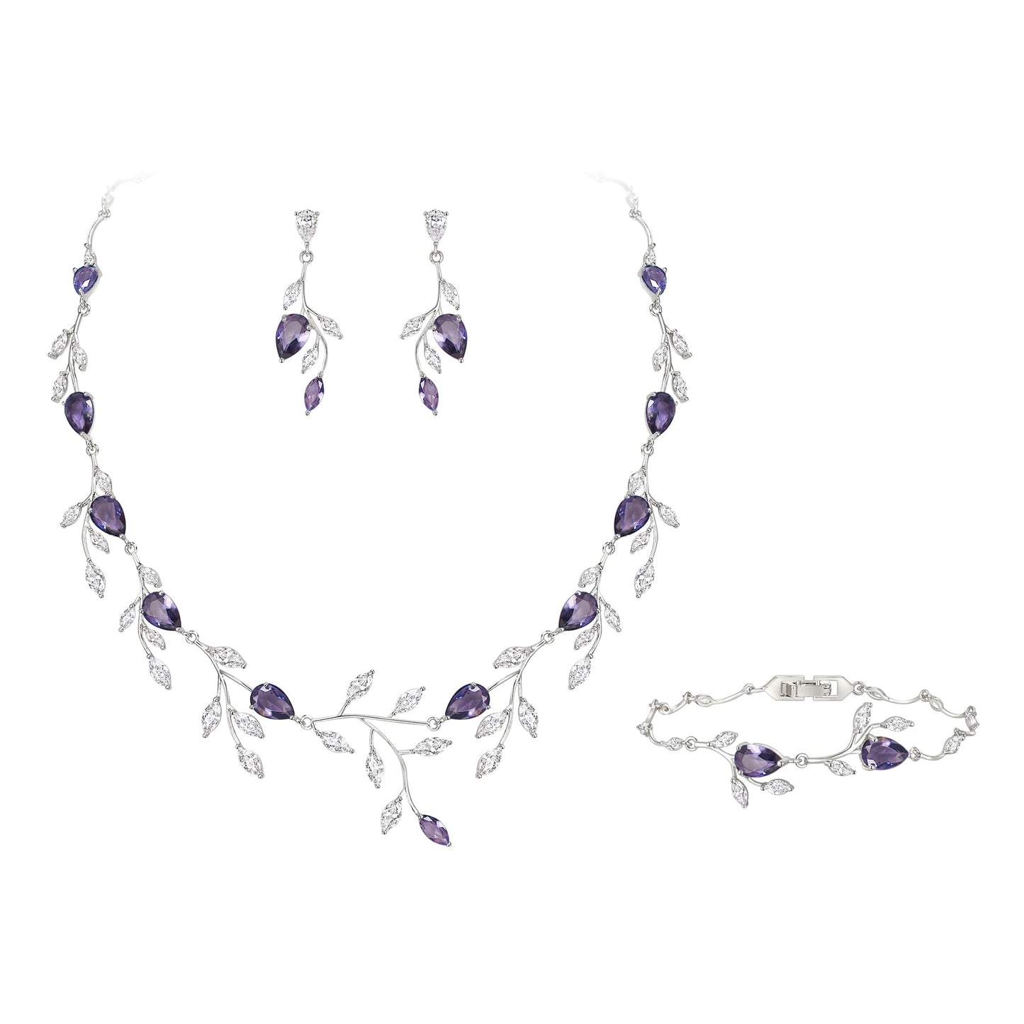 EVER FAITH Wedding Party Jewelry Set for Women, Sparkly Cubic Zirconia Pear-Shaped Birthstone Leaf Necklace Tennis Bracelet Earrings Sets for Prom Purple