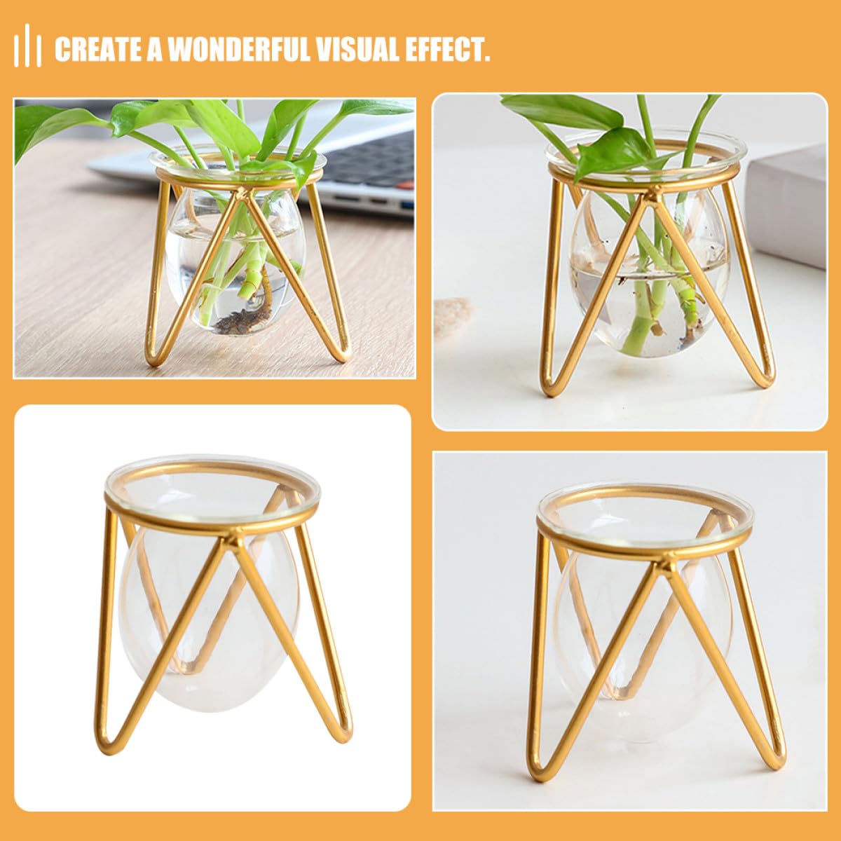 Zerodeko Glass Flower Vase with Metal Stand, Short Gold Hydroponic Plant Holder for Desktop Terrarium and Propagation, Glass Plant Pot for Home and Office Décor