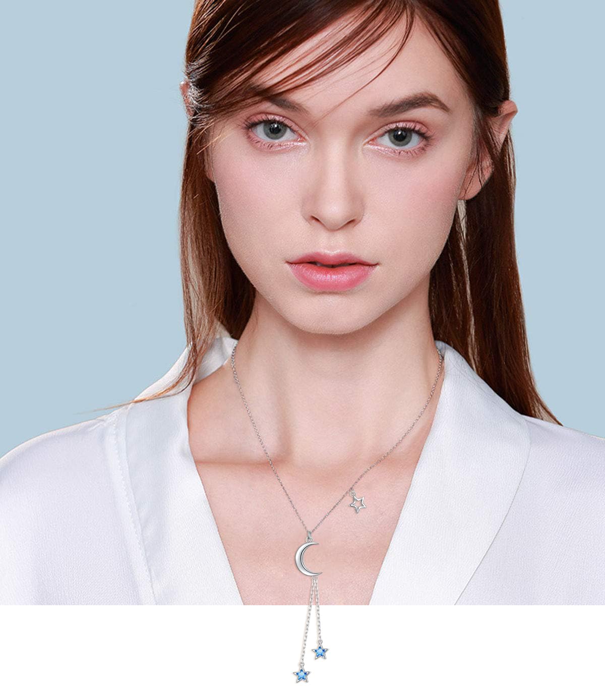 Ladytree 925 Sterling Silver Crescent Moon and Stars Celestial Jewelry Blue Star Synthetic Spinel Pendant Necklace Rolo Chain 18 inches to 20 inches