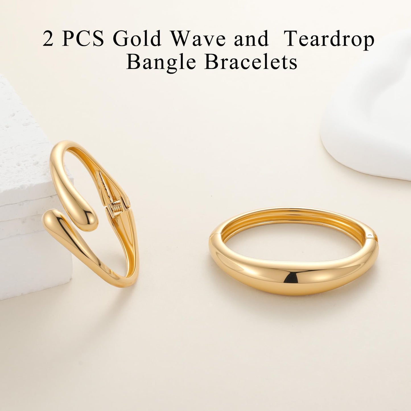 Yowivon Gold Bangles for Women, 2PCS Thin Teardrop and Wave Gold Bracelet Set, Hinged Bangle Bracelets Stack for Women, Non Tarnish Wrist Cuff, Trendy Jewelry Gifts for Christmas Valentine Birthday