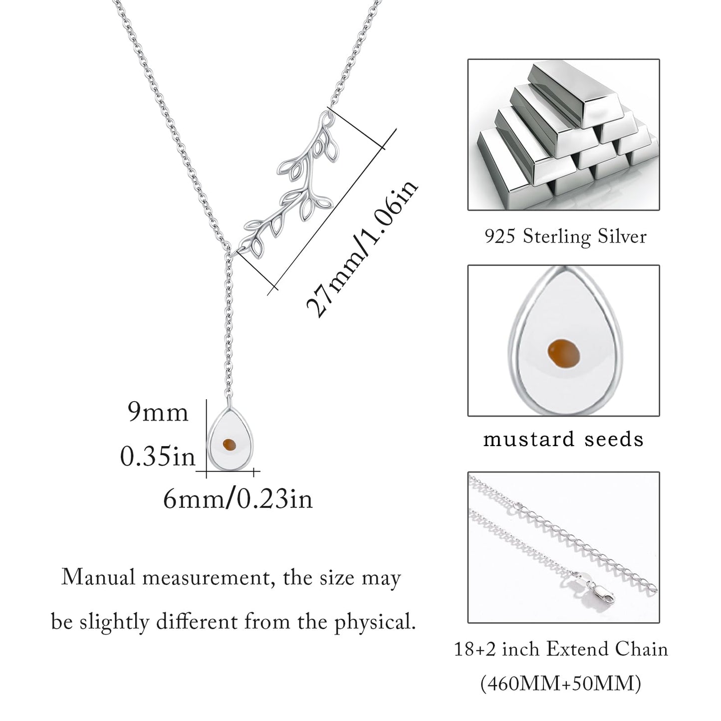 Silikepa Leaf Necklace for Women 925 Sterling Silver Leaf Pendant Y Necklace with Mustard seeds Jewelry Gifts for Women