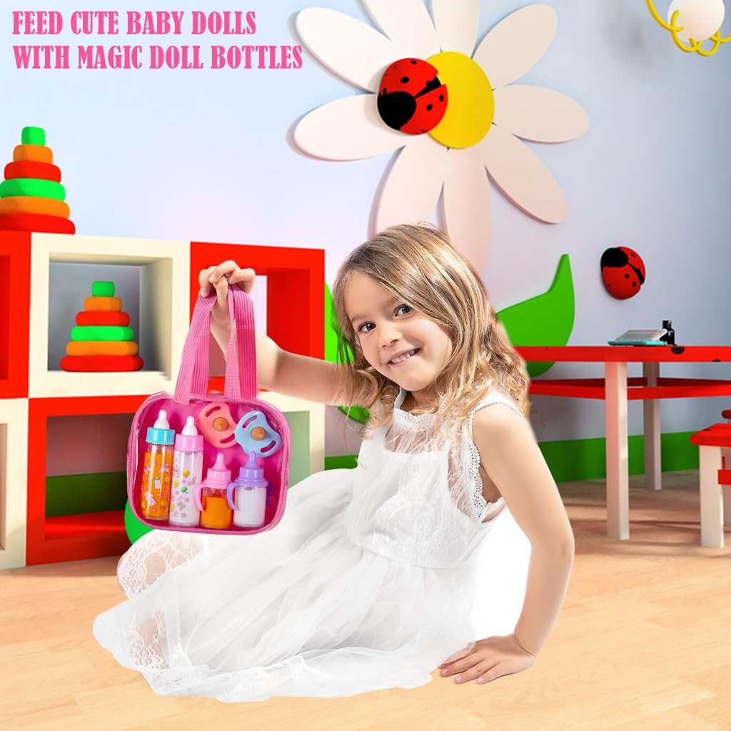 fash n kolor® My Sweet Baby Disappearing Doll Feeding Set, Baby Care 6 Piece Doll Feeding Set - for Toy Stroller | 2 Milk & Juice Bottles with 2 Toy Pacifier for Baby Dolls Set - Kids Gift Set