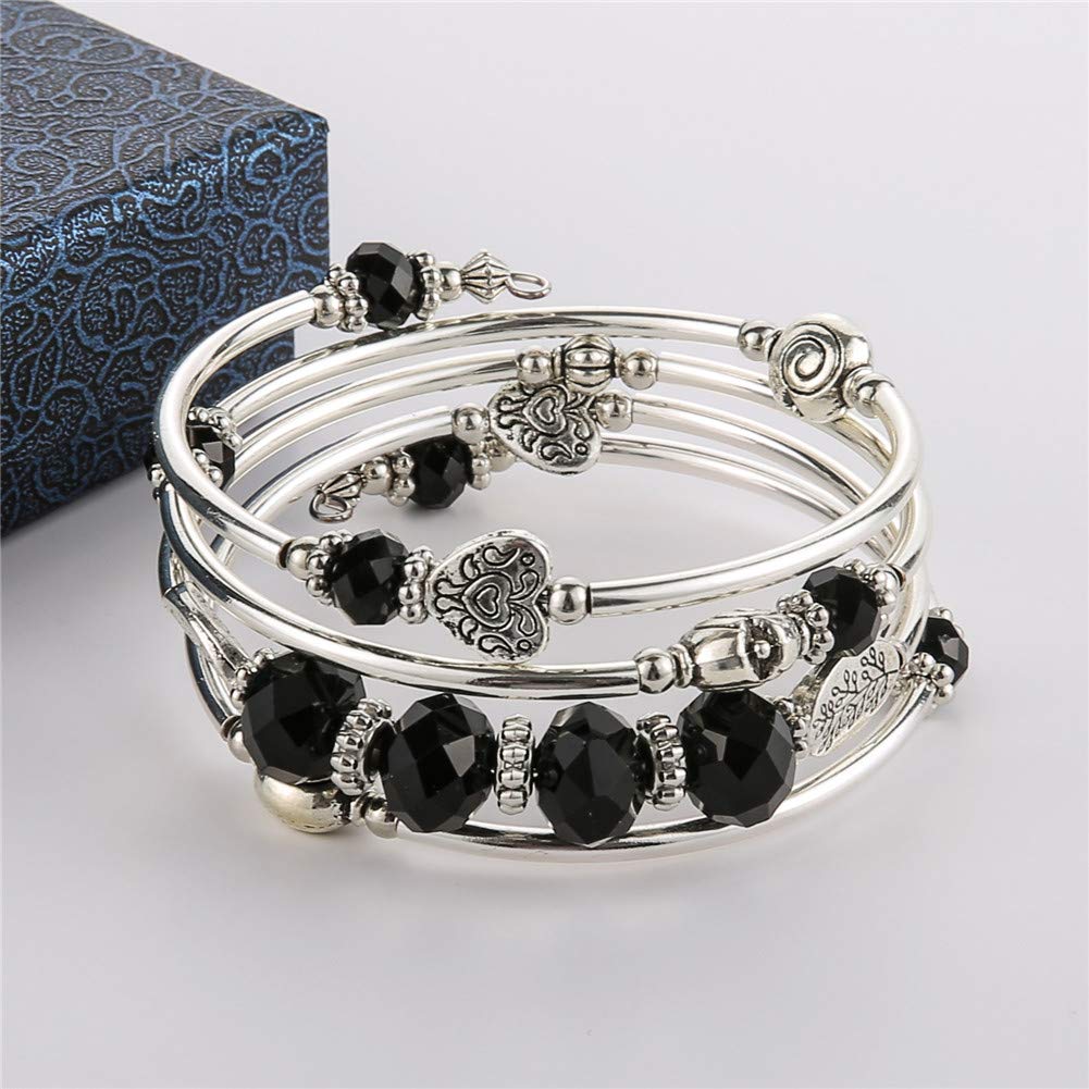 PEARL&CLUB Bead Crystal Wrap Bangle Bracelet - Fashion Jewelry Beaded Bracelet with Silver Metal, Gifts for Women(23-Black)
