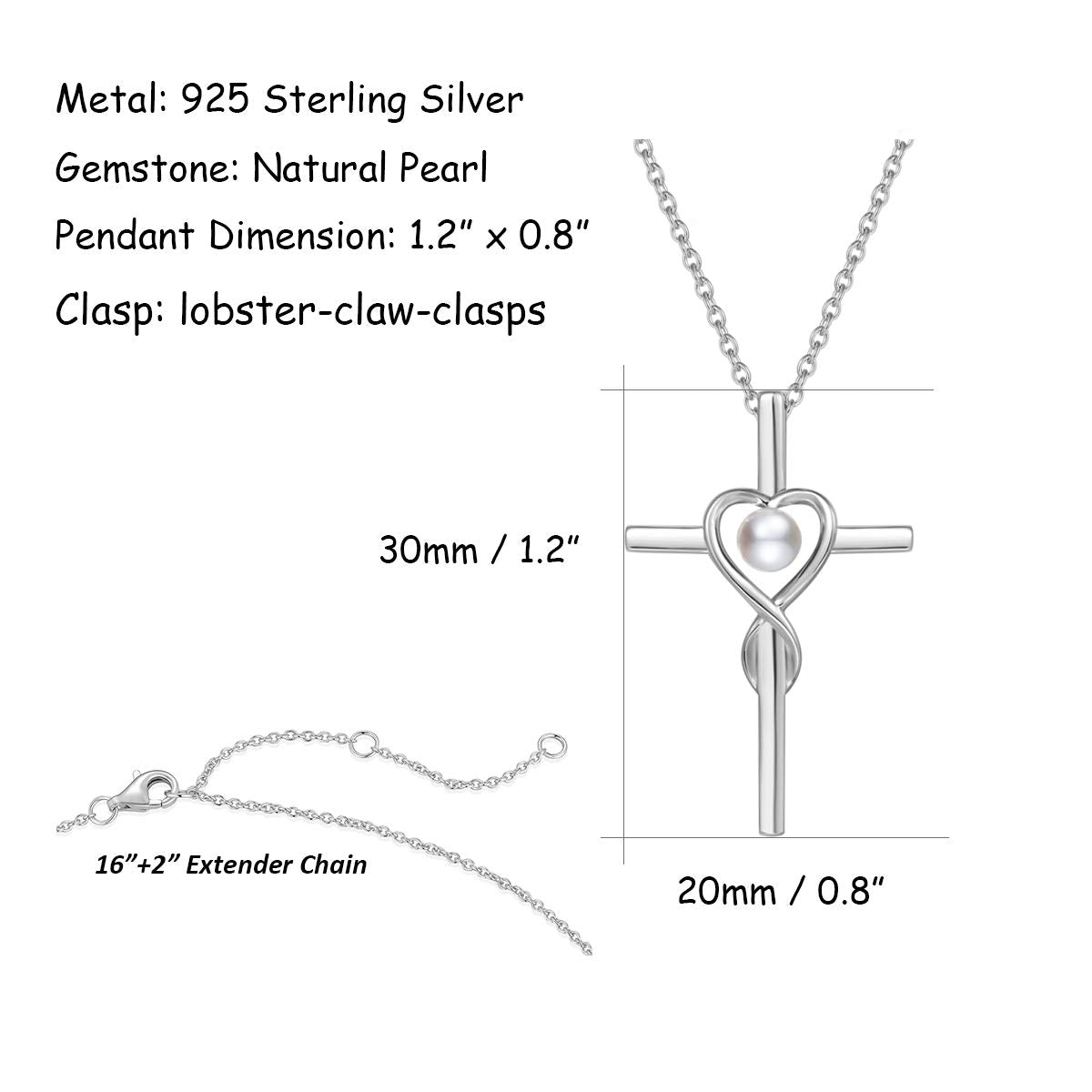 FANCIME Pearl Cross Necklace For Women Sterling Silver Birthstone Pearl Infinity Heart Cross Pendant June Birthstone Necklace Jewelry Gifts Valentines Day Gifts for Women