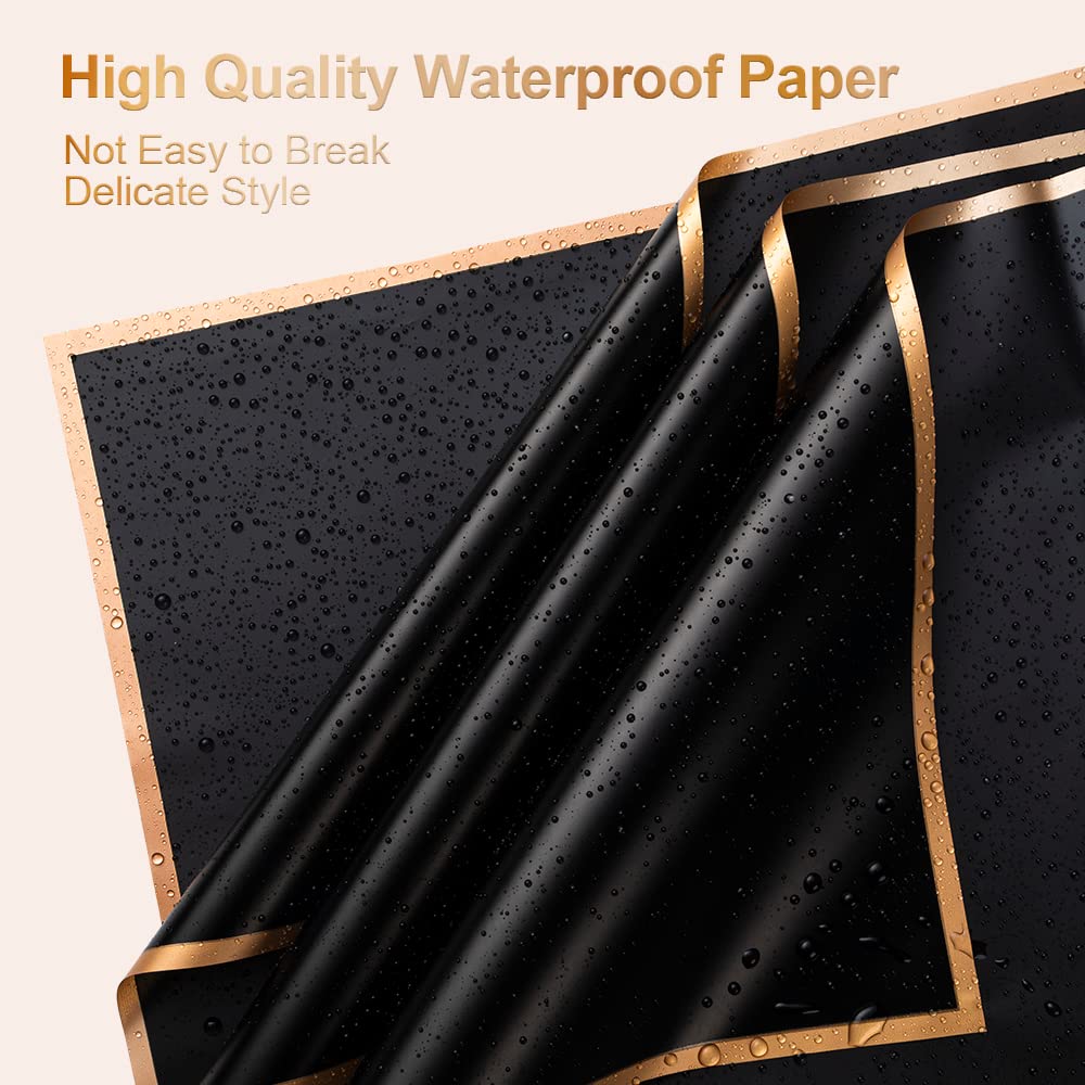 FVSEC 440 Sheet Flower Wrapping Paper Floral Bouquet Paper With Gold Edge Korean Wrapping Paper for Florist Supplies DIY Gift Wedding Anniversary, 23 x 23 Inch (Black)
