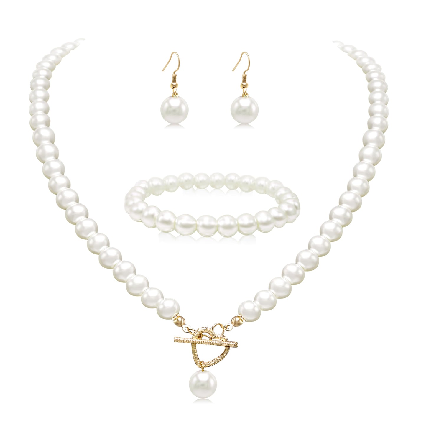 Cryshimmer Pearl Choker Necklace for Women 16K Gold Plated Faux Pearl Beads Strand Necklace Bracelet Earring Set Costume Jewelry(Heart-3PCS)