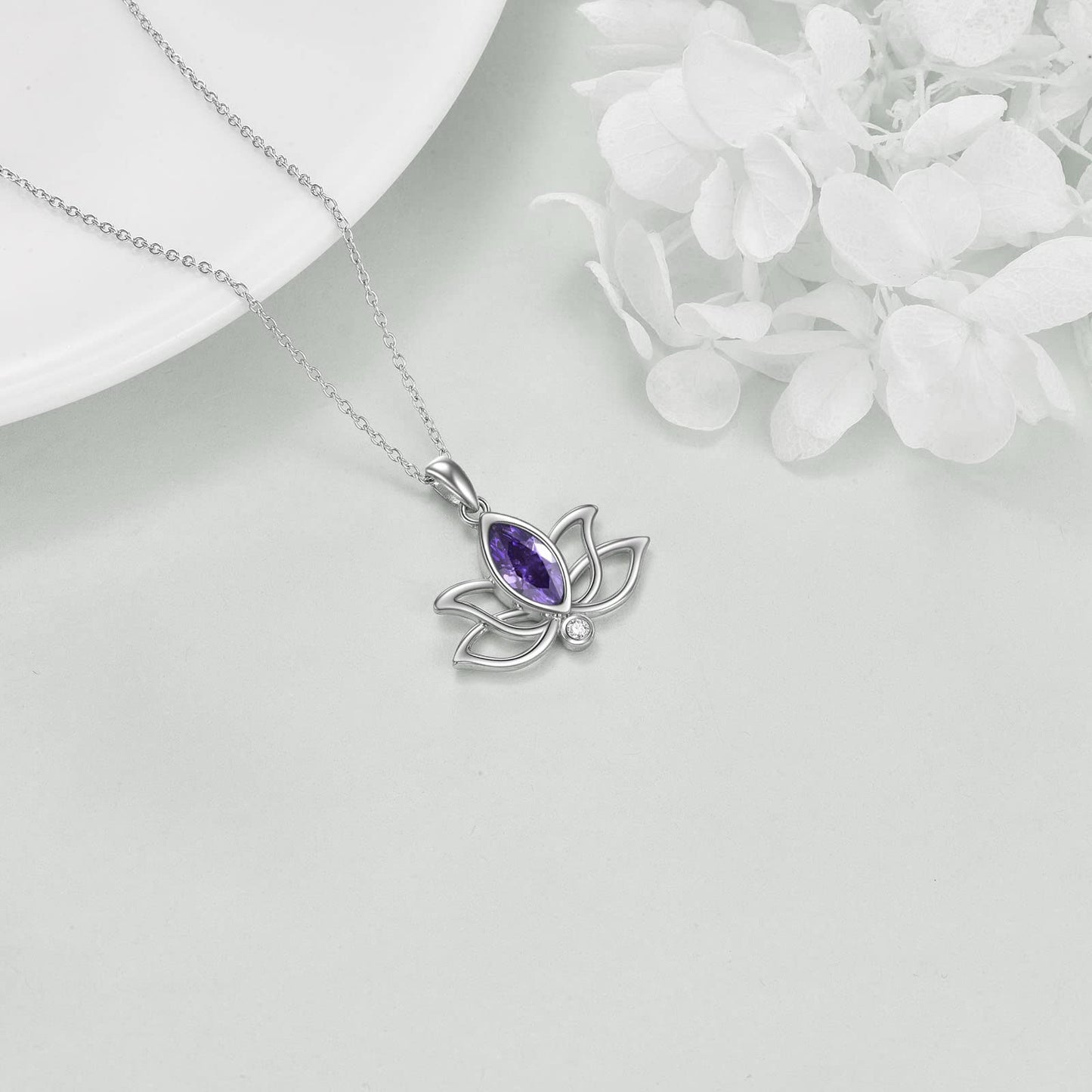 YFN Lotus Necklace Sterling Silver February Birthstone Pendant Pruple Amethyst Jewelry Gifts for Women (Feb)