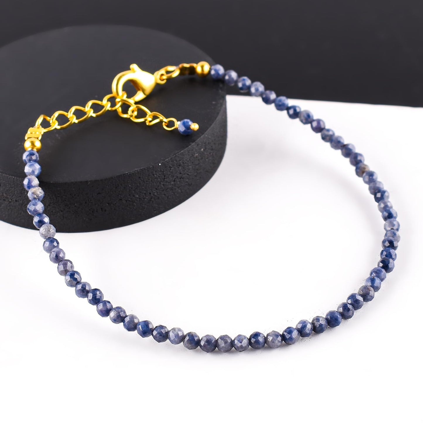 Natural Blue Sapphire Gemstone Micro Beads Dainty Bracelet Jewelry for Women, September Birthstone, Chakra Energy Crystals, 14k Gold Plated Chain 8 inch Adjustable