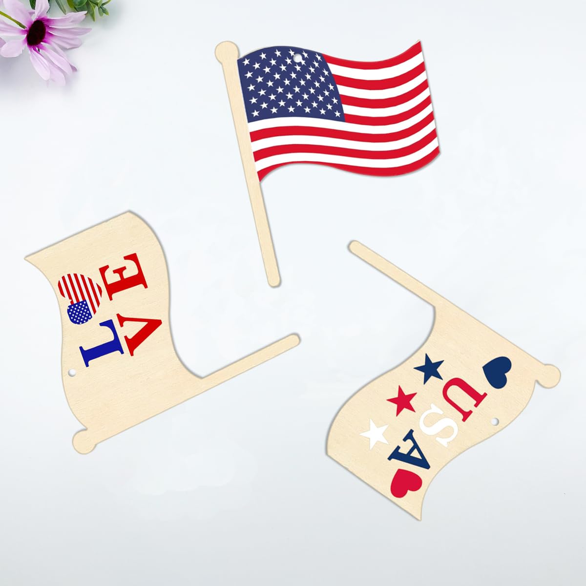 30 Pcs 4 Inch Unfinished Wood Flag Cutouts DIY Crafts Wooden Flag Shaped Hanging Ornaments with Hole Hemp Ropes for Summer and July 4th Decor and Crafting