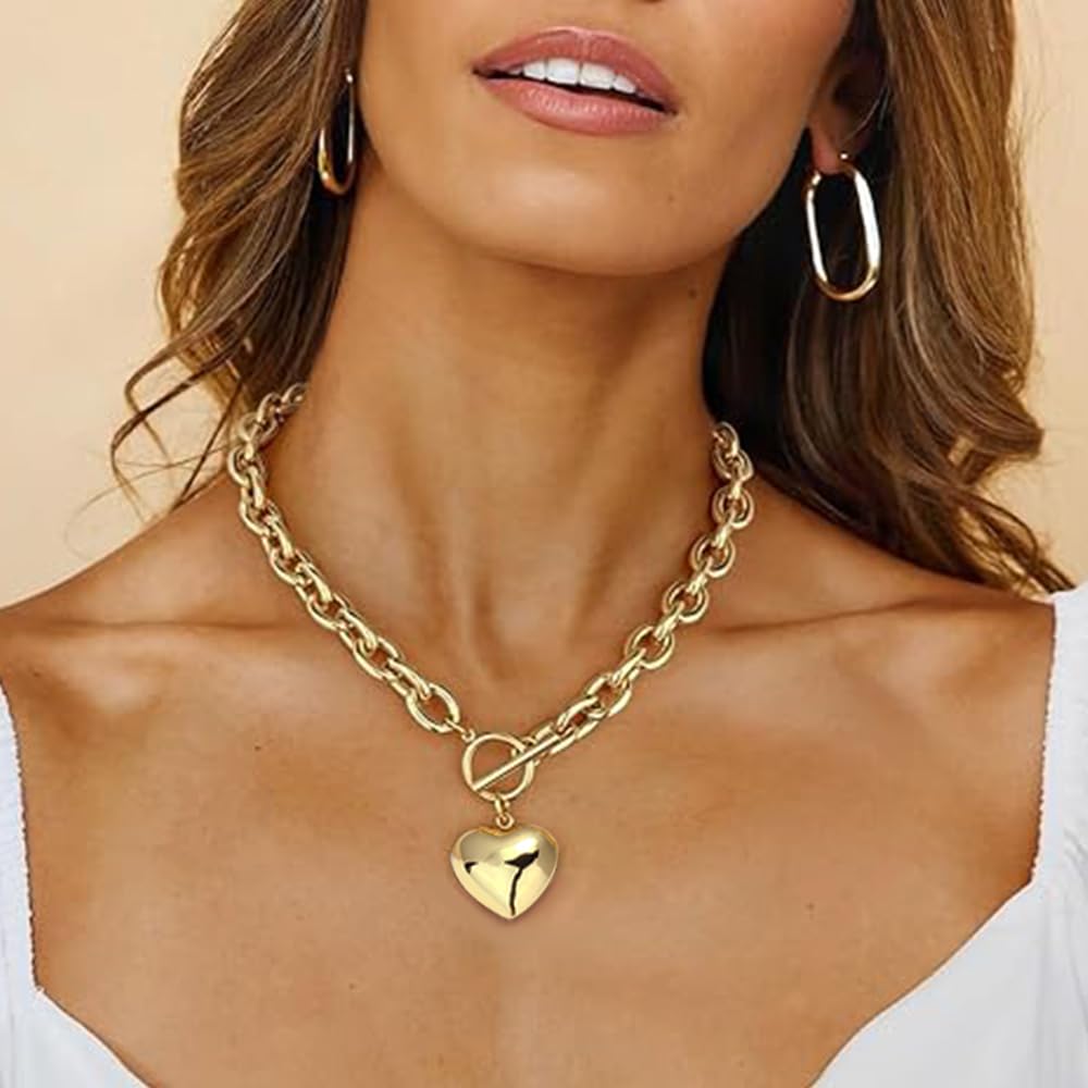 BONJOULRY Chunky Gold Bubble Heart Charm Toggle Necklace for Women, Gold Statement Thick Link Chain Puffy Heart Pendant Choker Necklaces for Women Trendy Jewelry Holiday Gift