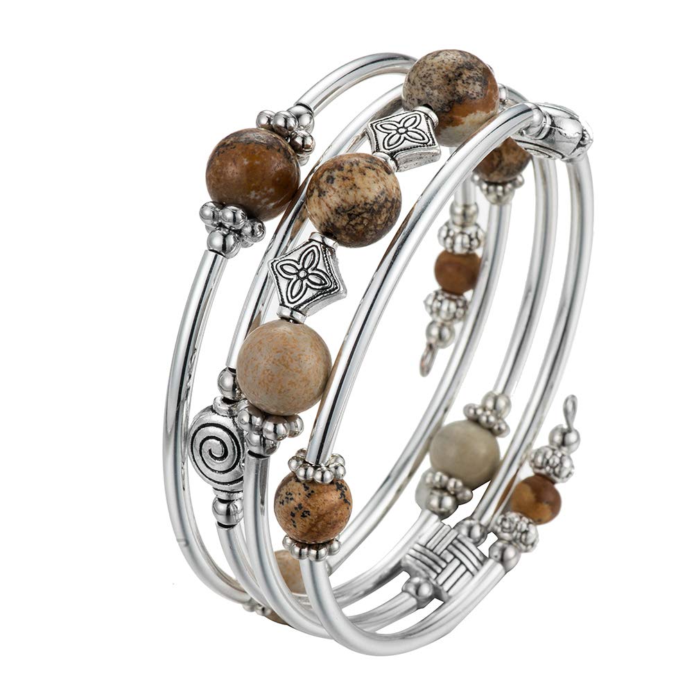 Beaded Pearl Bangle Wrap Bracelet - Fashion Bohemian Jewelry Multilayer Charm Bracelet with Thick Silver Metal Beads, Gift For Women(Picture Stone)