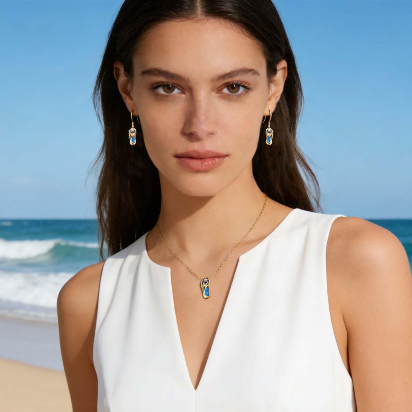 Midir&Etain 14K Gold Plated Beach Themed Jewelry – Blue Opal Flip Flops Necklace and Earrings