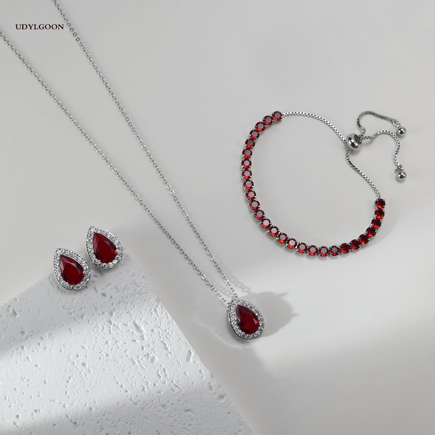 UDYLGOON Teardrop CZ Bridal Jewelry Set Imitation Diamond Earrings Necklace Bracelet for Bride Bridesmaids Wedding Prom Party (Tennis-Red)