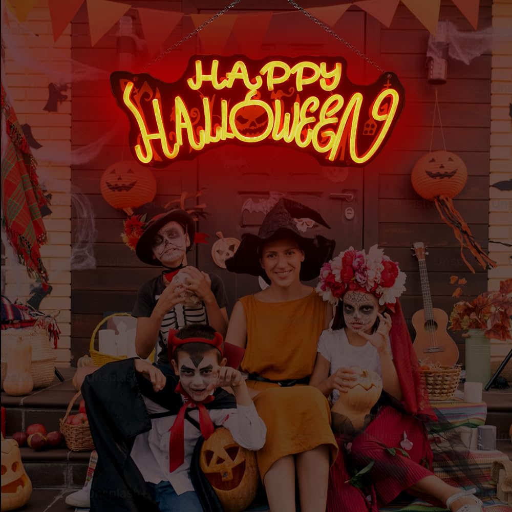 Halloween Neon Sign LED Happy Halloween Neon Light for Wall Decor USB Powered Acrylic Dimmable Pumpkin Light Up Sign for Halloween Decorations Window Home Bar Party Holiday Gifts