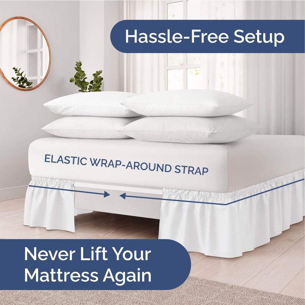 Wrap Around Dust Ruffle Bed Skirt - White - for Queen Size Beds with 15 Inch Drop - Easy Fit Elastic Strap - Adjustable Pleated Bedskirt w/Brushed Fabric - Wrinkle Free - for Women, Men, Kids & Teens
