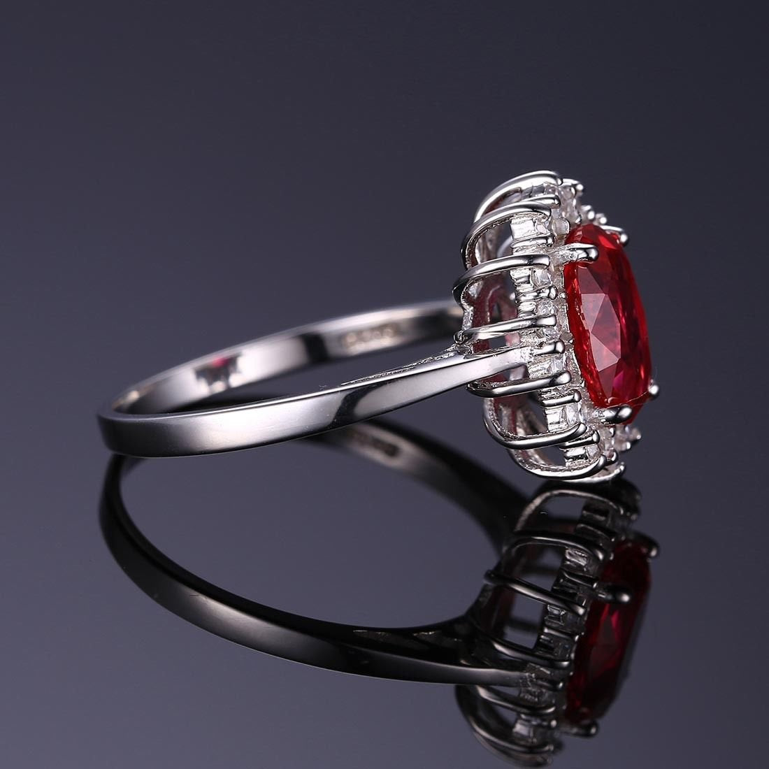 JewelryPalace Princess Diana Kate Middleton Gemstone Birthstone Red Ruby Halo Statement Engagement Rings for Women, 14K White Gold Plated 925 Sterling Silver Promise Rings for Her Size 10.5